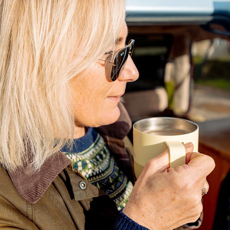 12oz-rise-mug-b7 12oz_rise_coffee_mug_wax_yellow_woman_drink_closeup_square.jpg